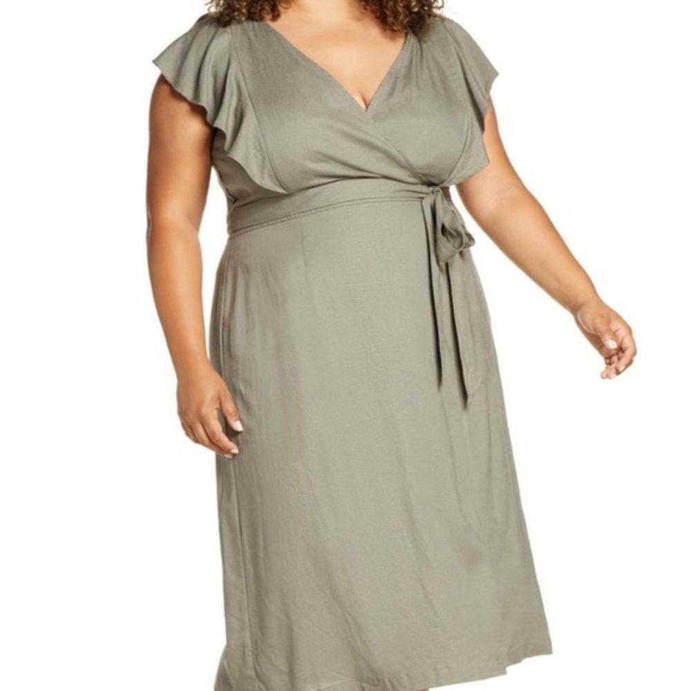 Eloquii Linen Flutter Sleeve Wrap Midi Dress Green